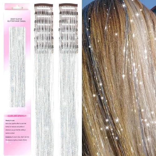 Hair Tinsel Clip in 12Pcs Silver Tinsel Hair Extensions Clip in Hair Tinsel Fairy Glitter Hair Tinsel Kit Heat Resistant Sparkly Hair Accessories for Girls Women Kids (12Pcs SILVER)