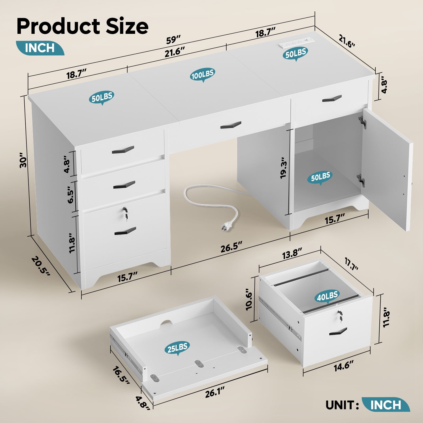 Bestier Computer Desk with 5 Drawers, 59'' Office Desk with Storage, Modern Executive Desk with File Drawers and Storage Cabinets, Charging station, Keyboard Tray, Suitable for Study& Bedrooms White