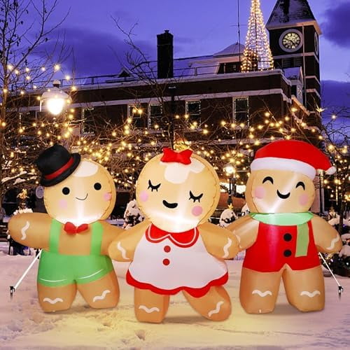 8FT L Christmas Inflatable Decoration, Set of 3 Blowup Gingerbread Man Hand in Hand, Adorable Xmas Inflatable Ginger Bread Man for Winter Holiday Outdoor Indoor Decor$$Garden & Patio