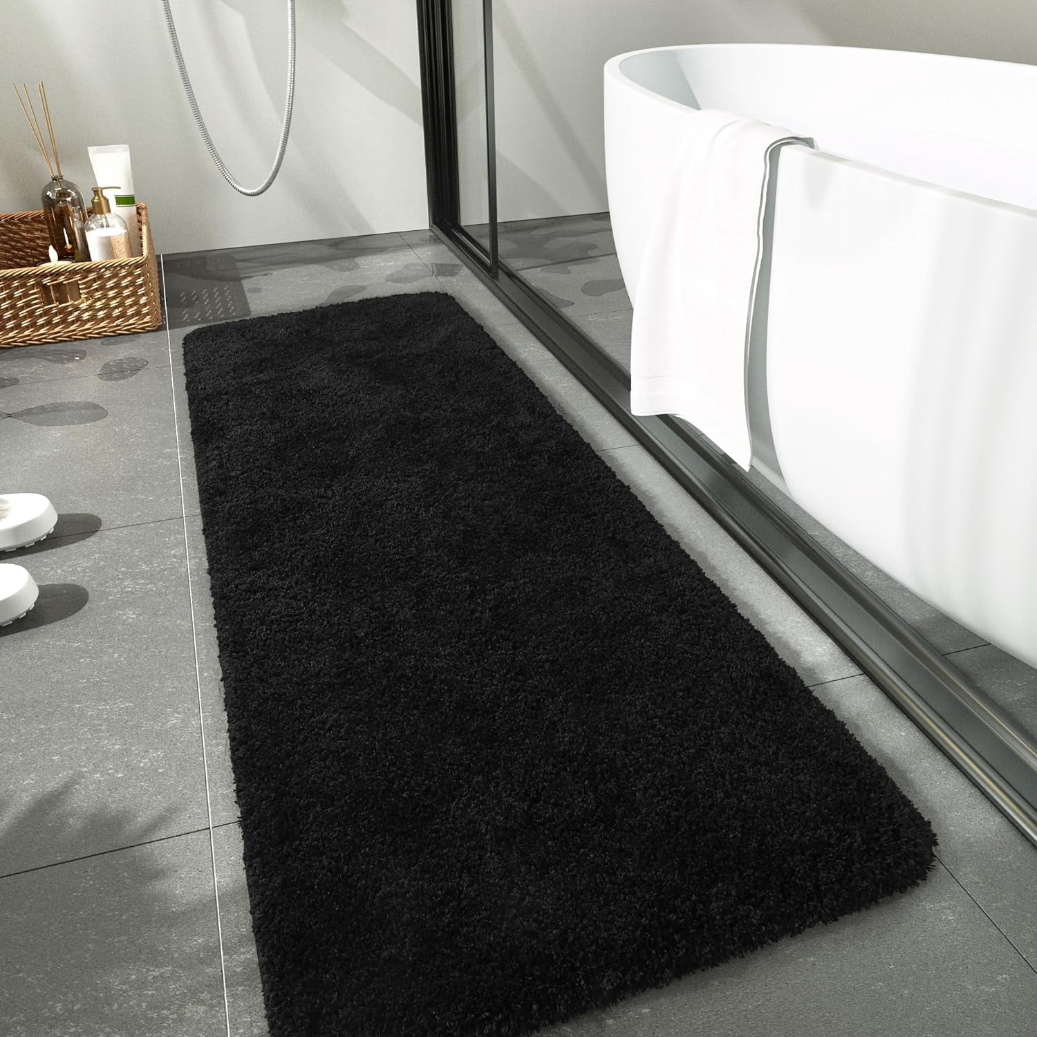Junovo Soft Bathroom Rug Runner Absorbent Microfiber Bath Rugs for Bathroom Non Slip Bath Mat for Tub, Shower Floor,24"x60",Black