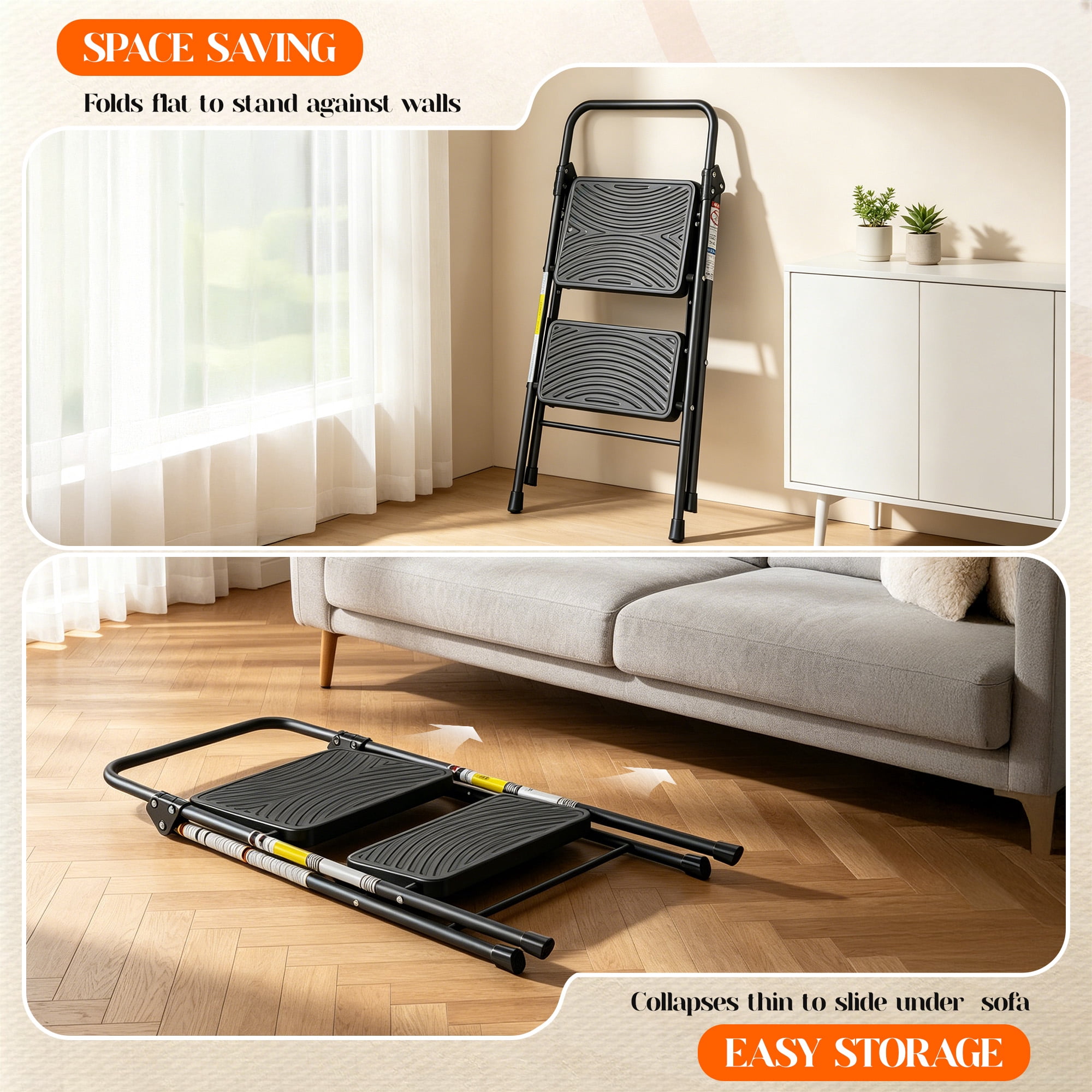 LevLad 2 Step Stool with Anti-Slip Pedal, Foldable Step Ladder, 330lbs Capacity, Protable Heavy Duty Step Stool for Kitchen, Garage & Outdoor Use, Black