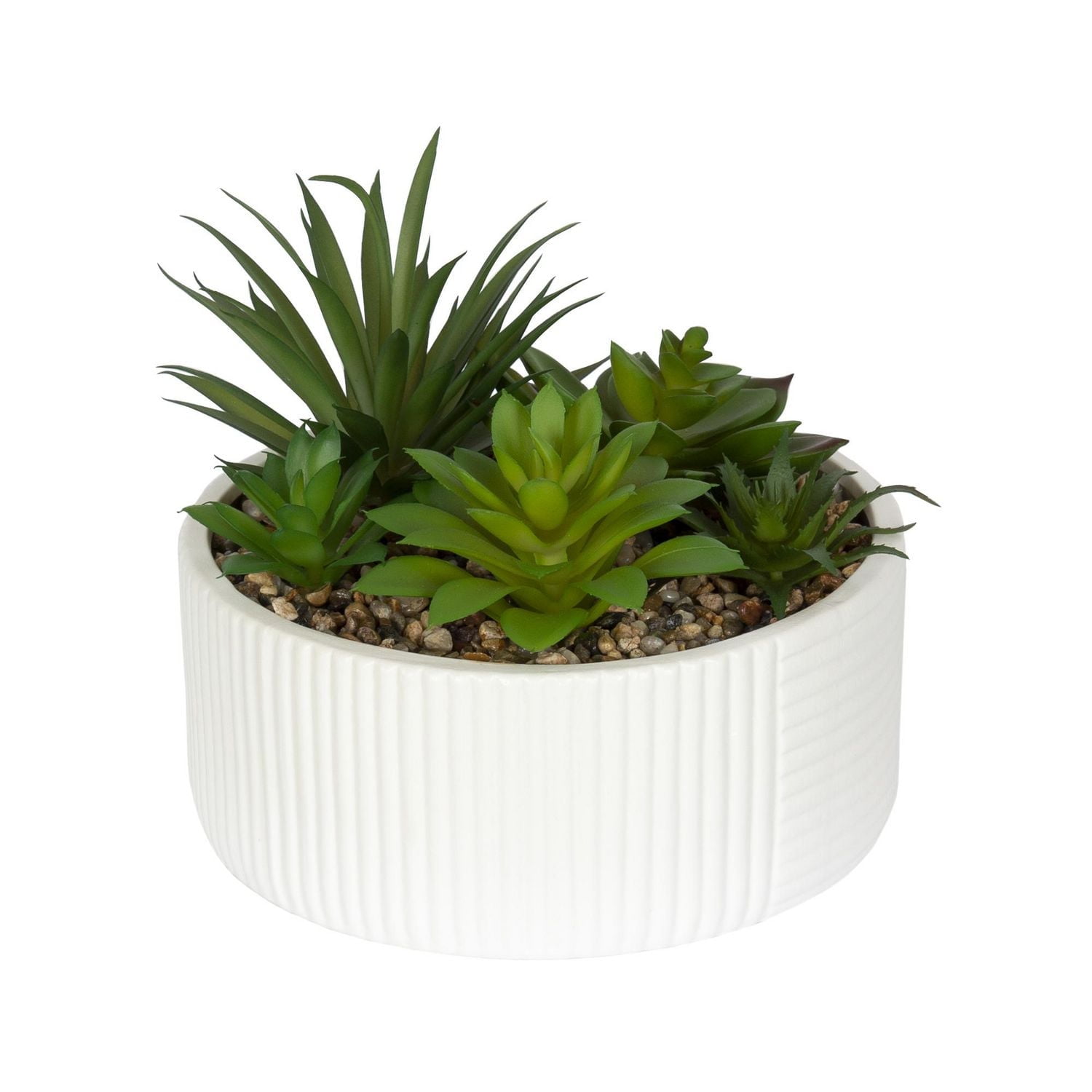 DesignOvation Succulentes artificielles de table de 15, cm de haut dans un pot blanc nervuré 18,1cm L x 15,8cm H  x 18,1cm P