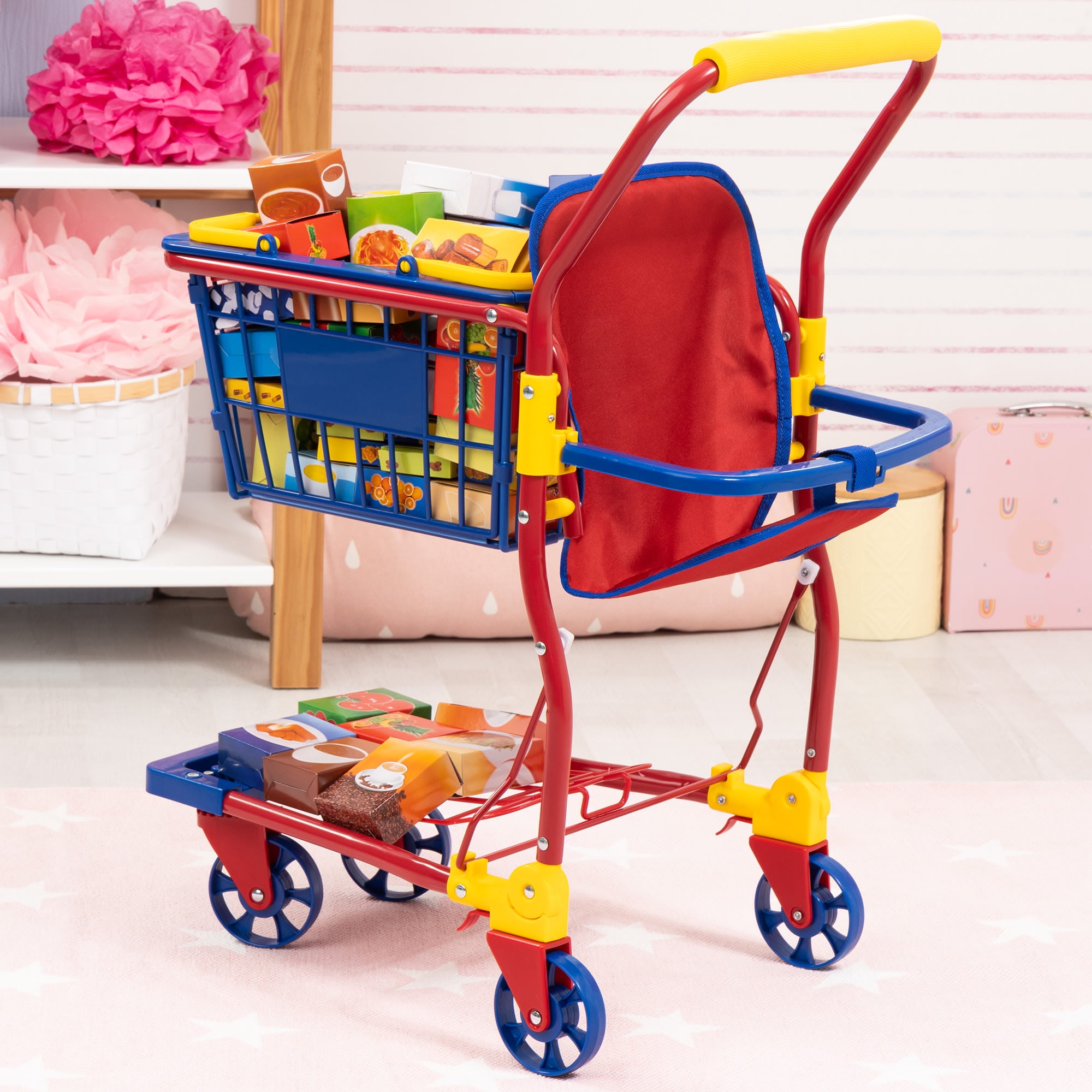 Bayer Design Dolls: Shopping Cart & Accessories - 61pcs - Blue, Red, Yellow - Doll Seat,  Boxed Food Accessories, Removable Basket, Kids Toy, Ages 3+
