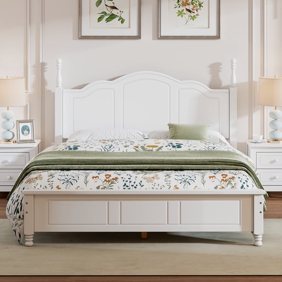 MODERNLUXE Queen Size Wood Platform Bed, Retro Style Bed Frame with Wooden Slat Support for Boys Girls Adults,White