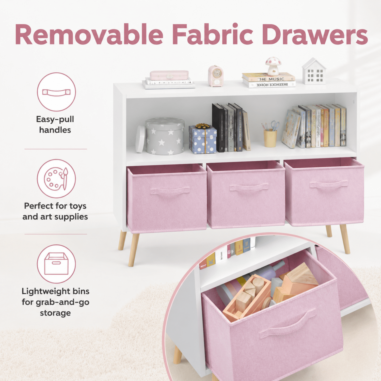 Miniyam Kids Bookcase with Storage Bins, 3 Fabric Drawers, Wooden Toy Organizer for Kids Room, Pink