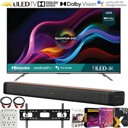 Hisense 55 Inch U7G Series 4K ULED Quantum HDR Smart Android TV 55U7G (2021) Bundle with Deco Home 60W 2.0 Ch Soundbar + 37"-70" TV Wall Mount + Premiere Movies Streaming + 6-Outlet Surge Adapter