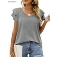 thumbnail image 3 of BadPiggies Casual Summer T-Shirts Women Ruffle Short Sleeve Tops V Neck Tunic Tee Blouse Loose Fit (2XL, Gray), 3 of 5