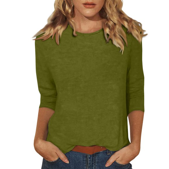 DENGDENG Femme Hauts à Manches 3/4 Décontractés T-Shirts à Manches au Coude Mode 2025 Col Rond Tuniques d'Été Boho Chemises Trois Quarts Tendance Blouses Petite Vert Menthe P