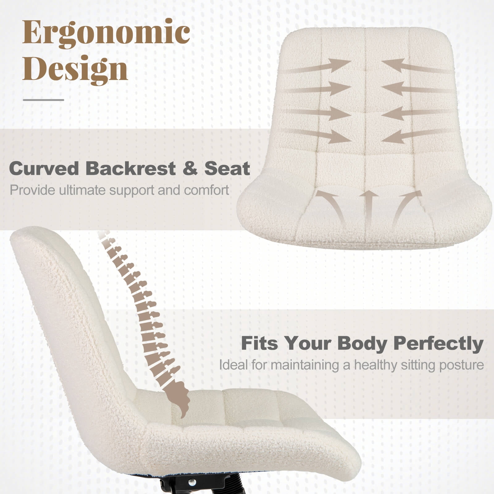 Costway Upholstered Armless Office Chair with Adjustable Height & Wheels for Small Spaces White