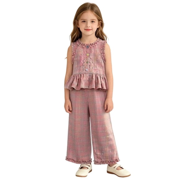 IFNWSV Girls Summer 2 Piece Outfits Sleeveless Round Neck Casual Plaid Top and Straight Leg Pants Set Pink 10-11 Years