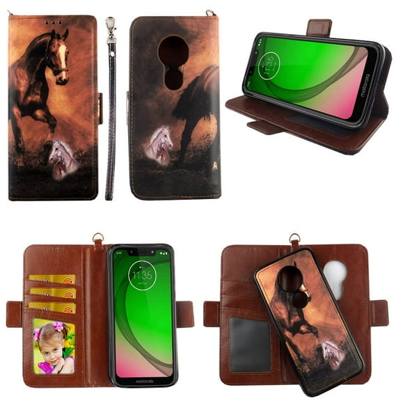 Brown Horse Case for Moto G7 Play Revvlry Case, Motorola G7 Optimo Magnetic Detachable Pu Leather Wallet Cover Flap Closure Cases Card Holders Wrist Strap 2 in 1 Folio Flip Covers