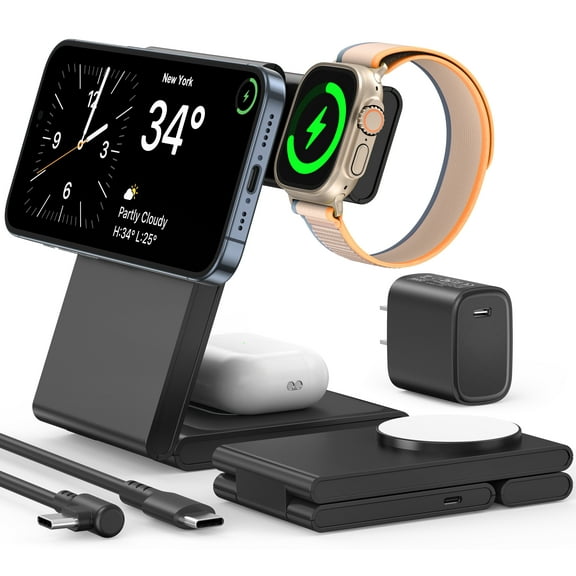 TAOHAI 3-in-1 Wireless Charging Station, 20W Fast Charger for iPhone 16/15/14/13/12, Apple Watch & AirPods (Black)