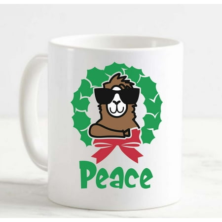 

Coffee Mug Peace Llama W Sunglasses In Wreath Funny Christmas Holidays c White Cup Funny Gifts for work office him her