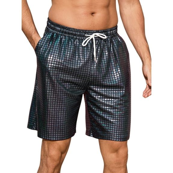 INSPIRE CHIC Shiny Shorts for Men's Metallic Drawstring Nightclub Disco Glitter Party Plaid Short Pants 28 Black
