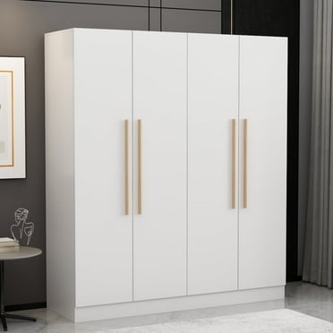 MONSLIPA Wardrobe Closet, 4 Door Wooden Armoire Storage with Hanging Rods for Bedroom, White