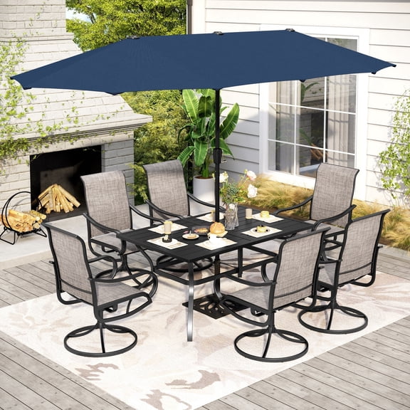 SUMMIT LIVING 8-Piece Outdoor Patio Dining Set with 13ft Navy Blue Patio Umbrella, 6 Textilene Outdoor Swivel Chairs & 1 Large Metal Rectangle Table, Black & Brown-Gray