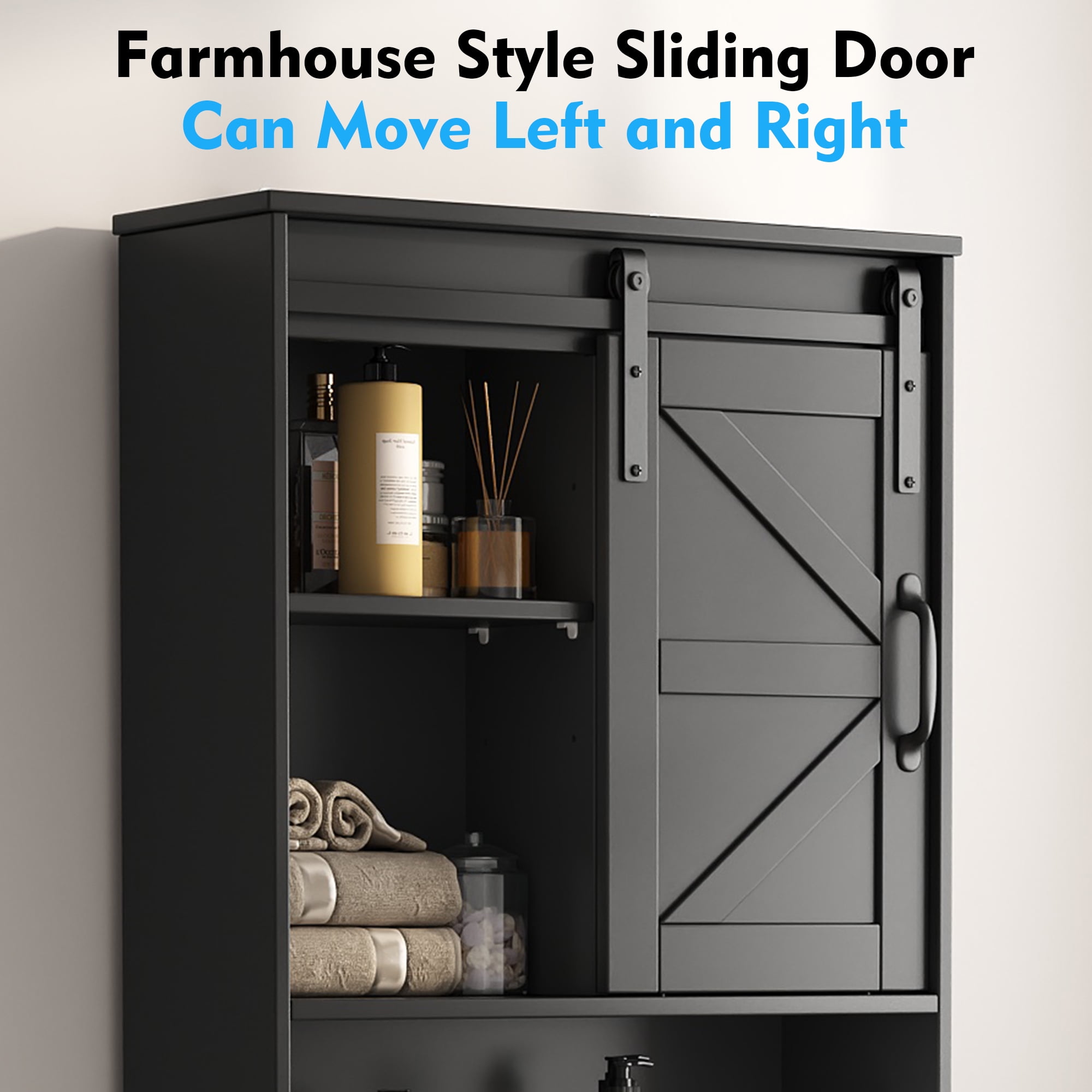 Over the Toilet Storage Cabinet, Rustic Storage Cabinet Over Toilet with Sliding Barn Door & Adjustable Shelves, Farmhouse Space Saver Organizer for Bathroom,Living Room, Black