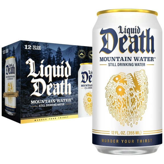Liquid Death, Still AJH3 Mountain Water, 12-Pack (12oz Cans), Real Mountain Source, Infinitely Recyclable Ice-Cold Cans, American Made