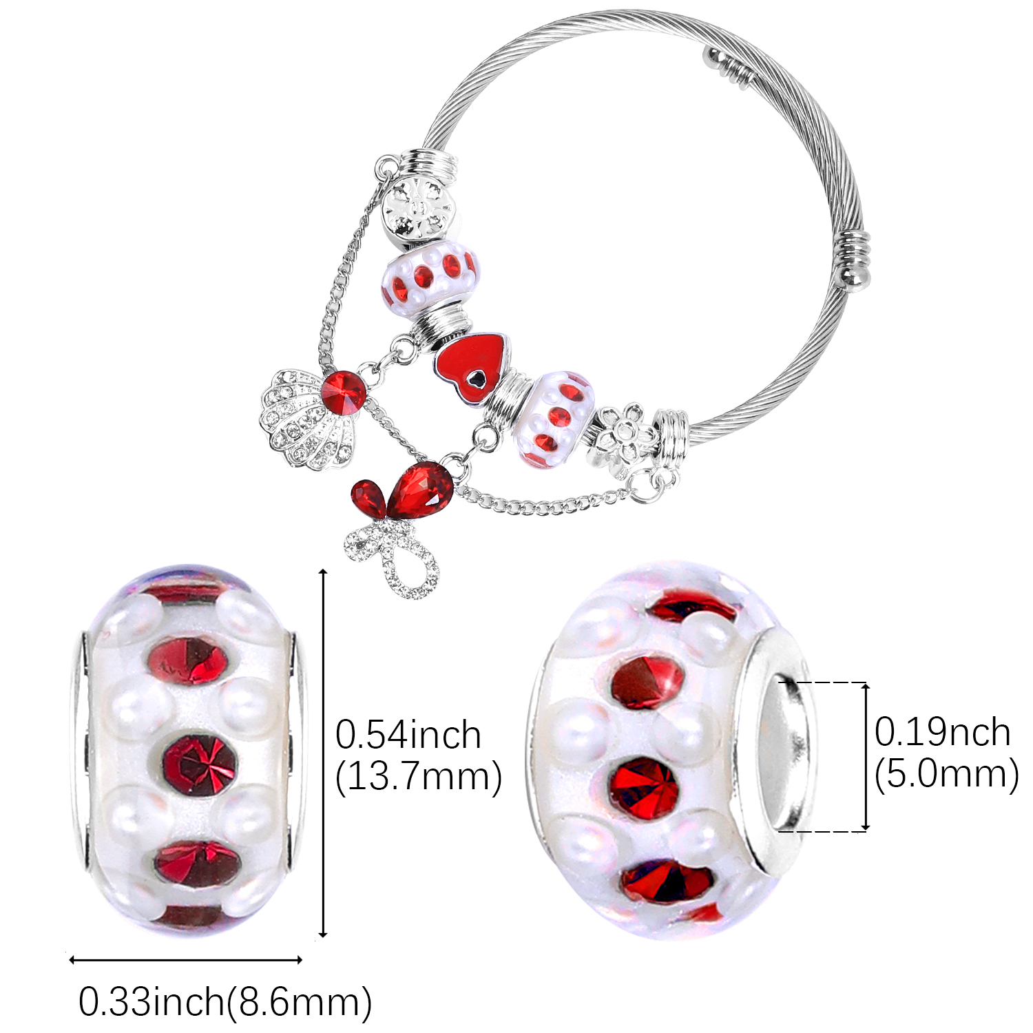 AIPRIDY 50 Pcs Girls' Lucky Lover Amber Beads, Large Hole Spacer,European Craft Murano Beads for DIY Charms Bracelet Jewelry Making(Silver+mixed)