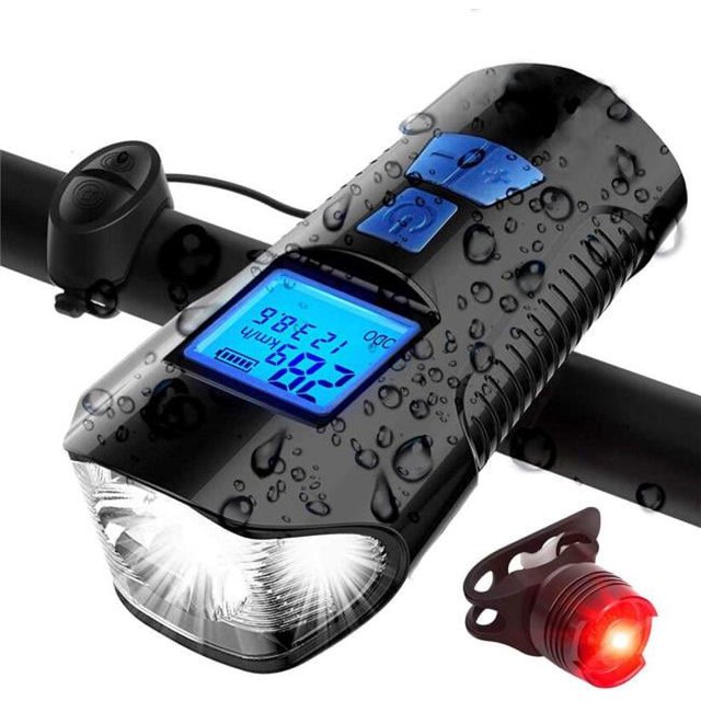 ZHAOCHENG Luz LED para bicicleta recargable 4 en 1 con velocímetro y timbre; luz trasera