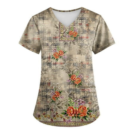 

SENDKEEL Summer Tops Plus Size Retro Flower Printed Scrub Working Uniform Tops For Women Cross V-Neck Short Sleeve Fun T-Shirts Workwear Tee With Pockets