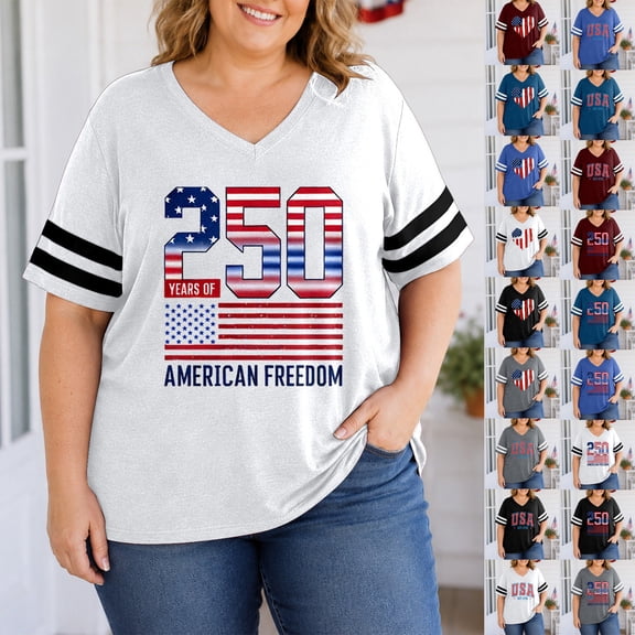 SIYUDAN Women America's 250th Anniversary T-Shirt Plus Size V Neck Short Sleeve Independence Womens Graphic T Shirts Womens T-Shirts, Size XXL