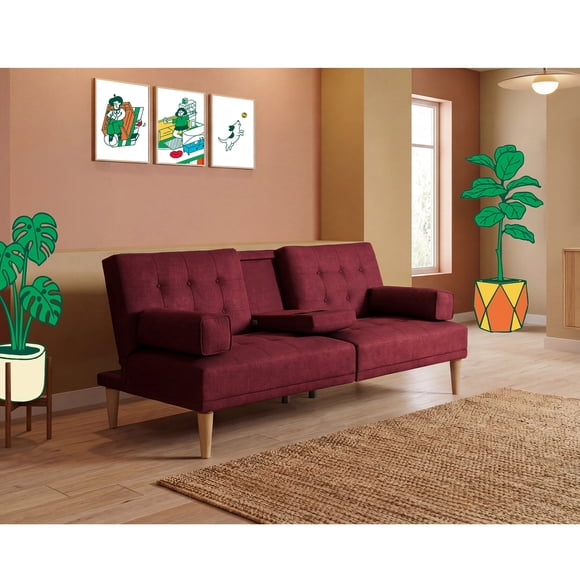 Sofá Cama De Lino Rojo Modelo Queen Makora Con Portavasos