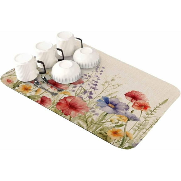 Spring Floral Dish Drying Mat for Kitchen Counter, Super Absorbent Quick Dry Coffee Bar Mat Pad Thin Diatomaceous Sink Mat Non Slip Dish Drainer Mat 23.5x15.5 Colorful Summer Botanical Flowers Vintage