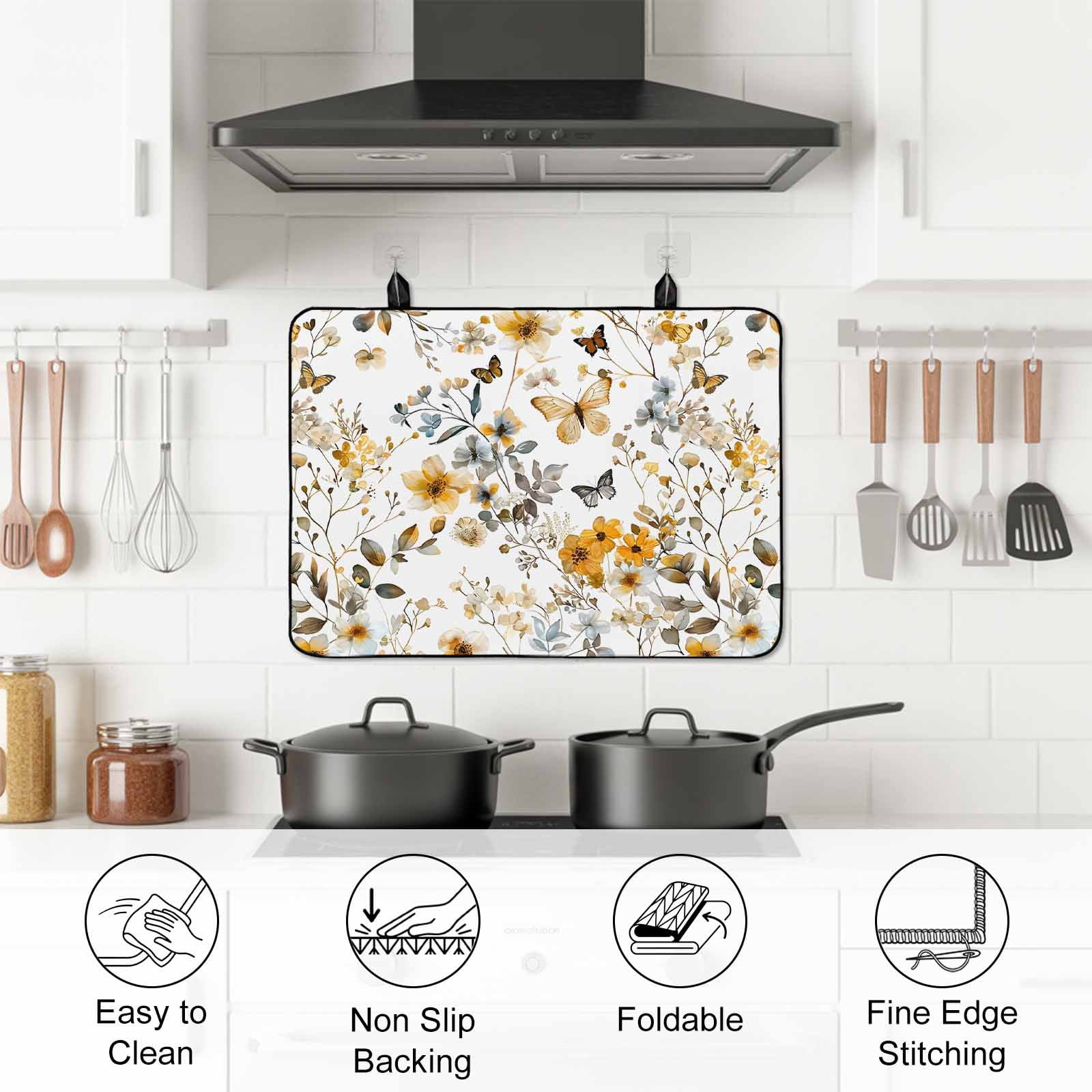Vintage Botanical Stove Top Cover for Electric Stove, Heat-proof & Non Slip Glass Top Stove Cover Protector, Yellow Spring Floral Butterfly Kitchen Flat Cooktop Rubber Mat 24x21 Inches