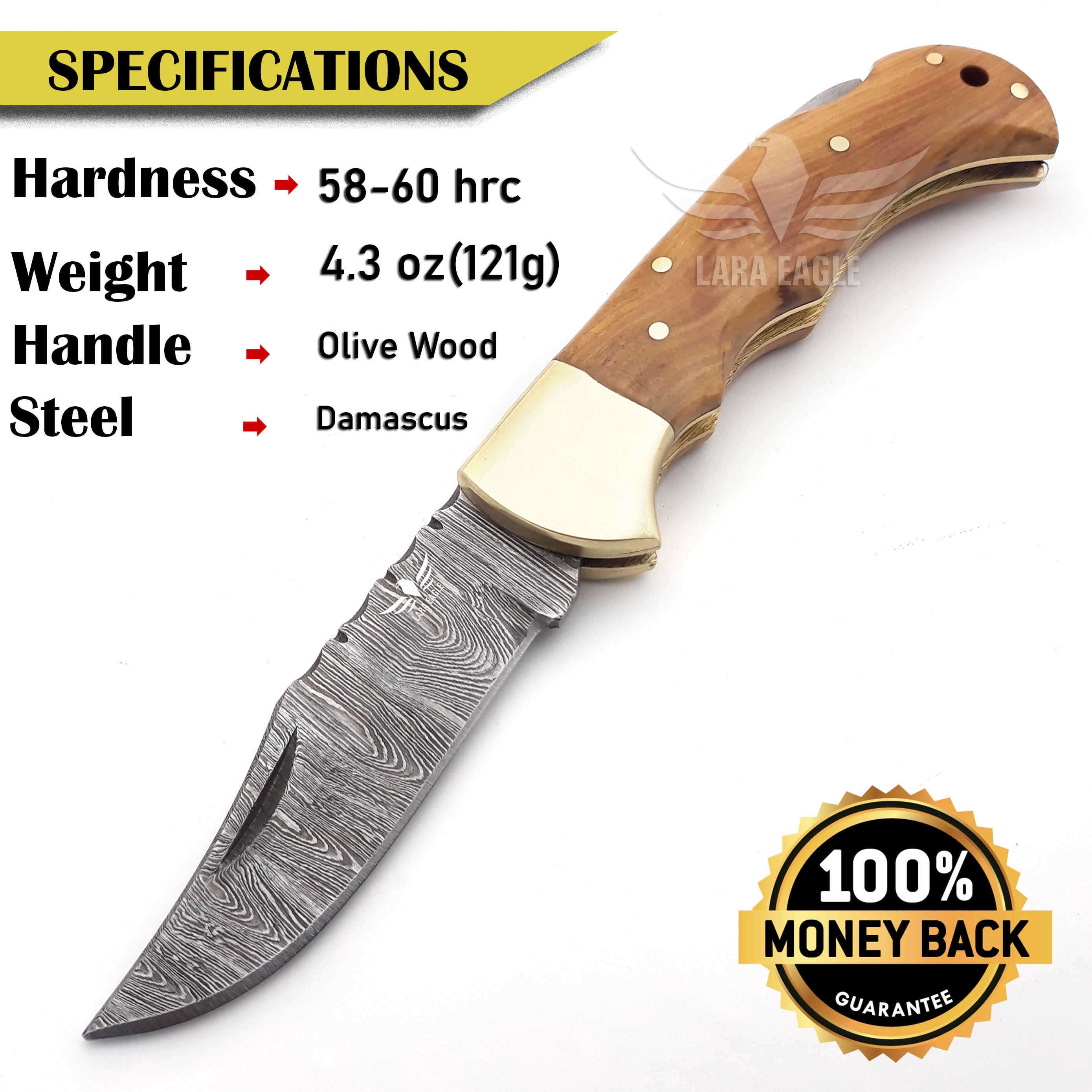 Lara Eagle Damascus Pocket Knife for Men - 133 Layer Solid Steel Handmade Light Brown Folding Hunting 3 inch Blade with Sharpener and Leather Pouch - Knife for Camping Hunting Hiking