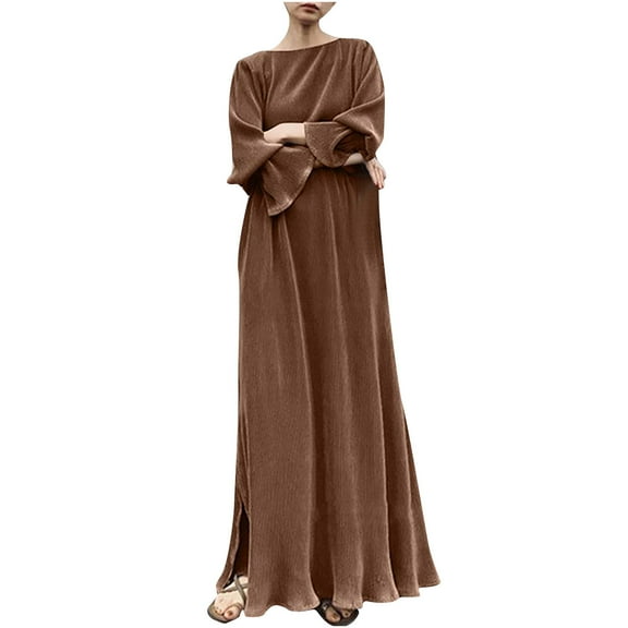 Maxi Dress for Women Retro Vintage Floor Length Lantern Long Sleeve Kaftan Dress Solid Robe Elegant A Line Swing Dress Ladies Autumn Dresses UK Size 8-14
