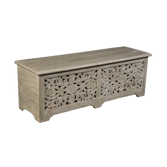 Taran Designs Monte Floral Carved Solid Wood Storage Ottoman in Gray