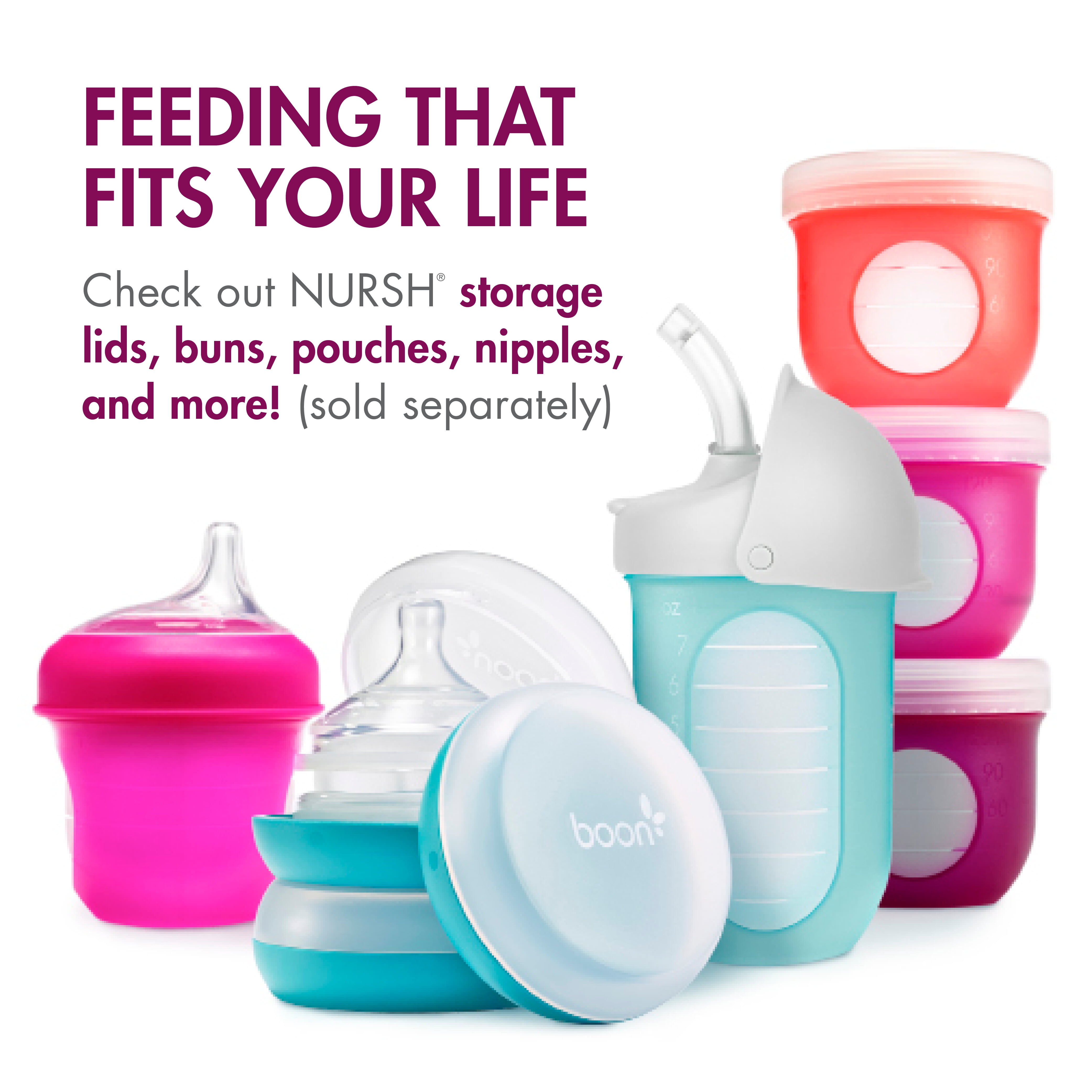 Boon Nursh Reusable Silicone Pouch Baby Bottle, Air-Free Feeding, Pink Multi Pack 4 Oz 3 Pk