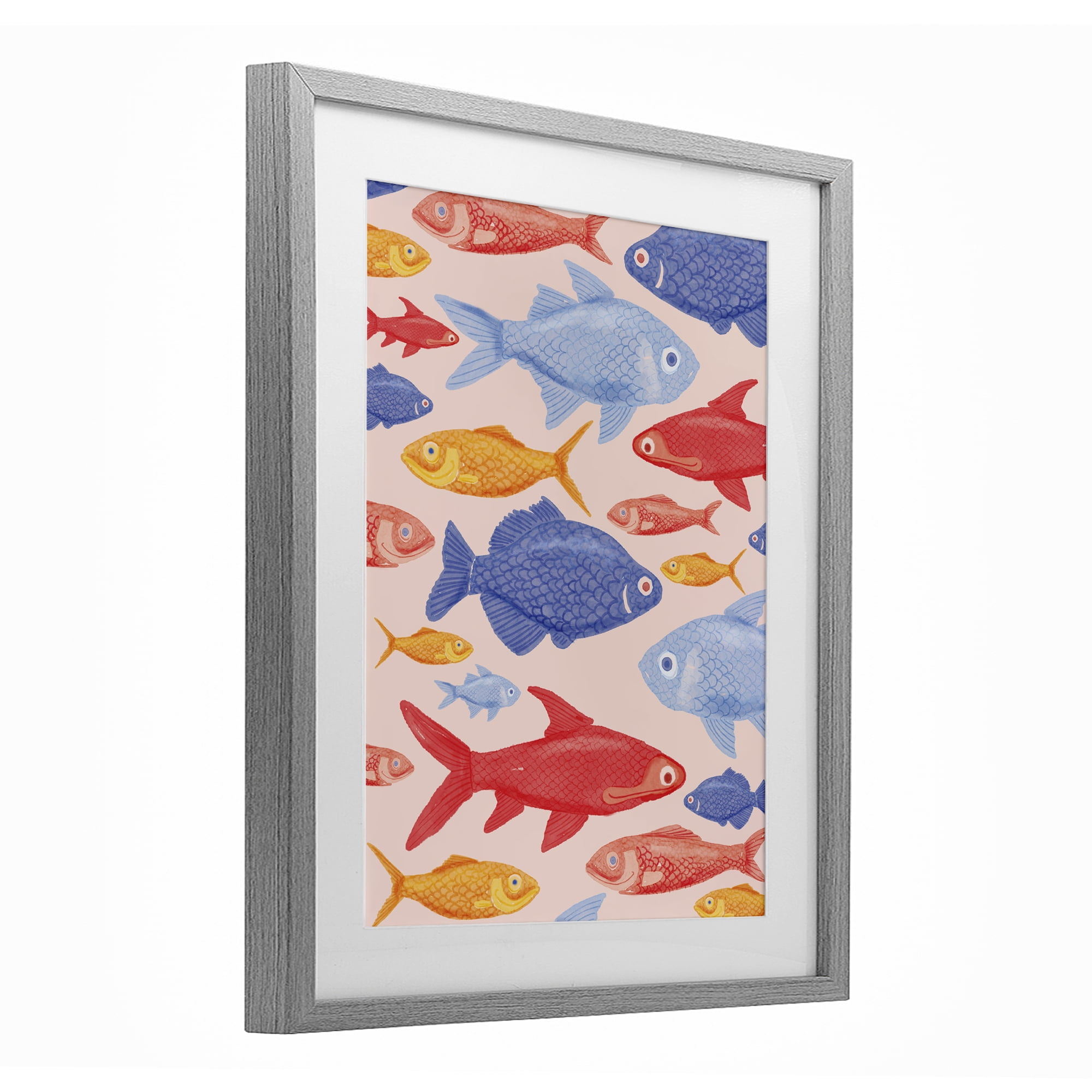 Stupell Industries Red Yellow and Blue Fish Gray Framed Print Under Glass, design by The Paper Curator