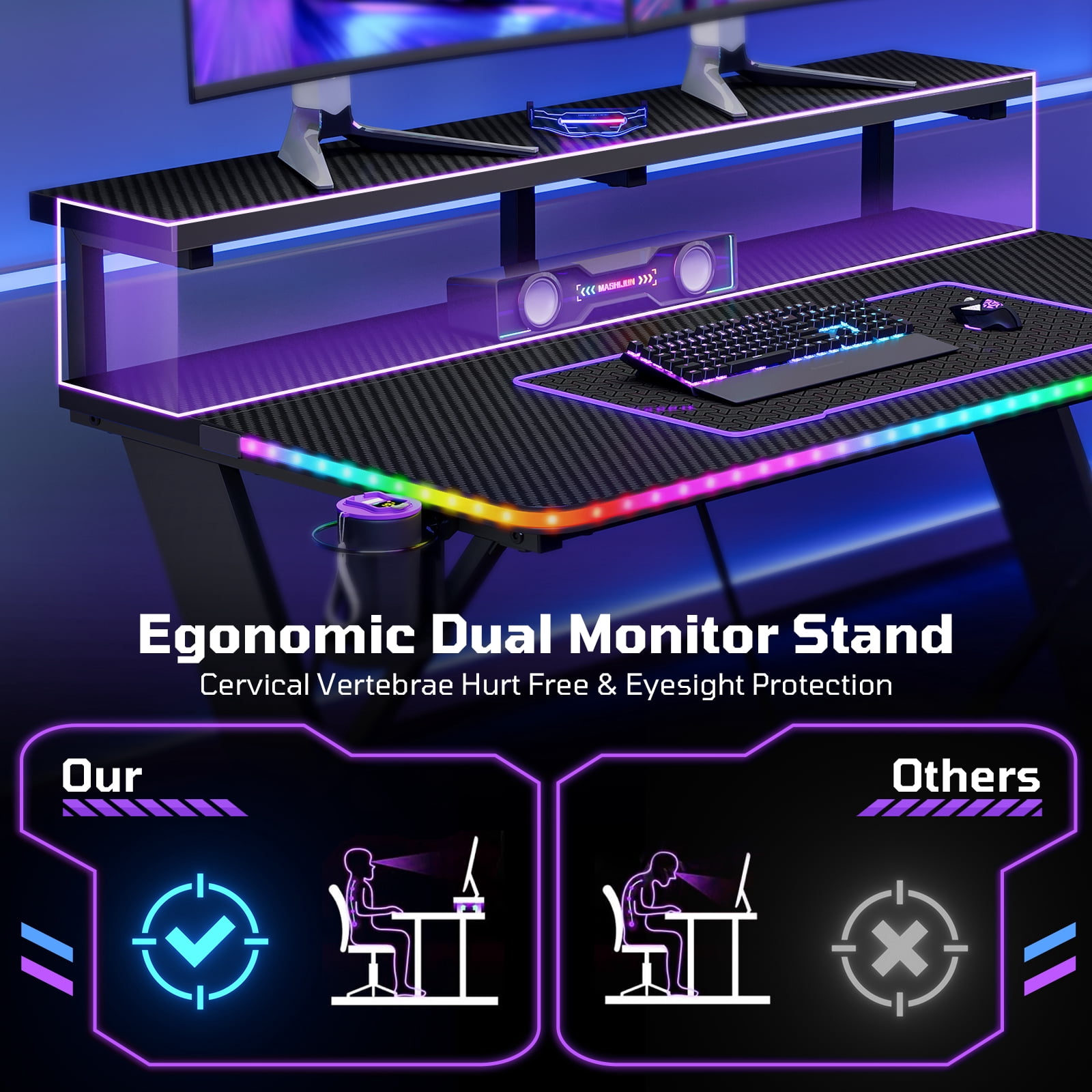 RSPGAME 43" Music Sync LED Gaming Desk,X-Shape Ergonomic Monitor Stand Gamer Table,PC Desk with Dynamic Lighting,Color Changing Office Desks,Black Racing