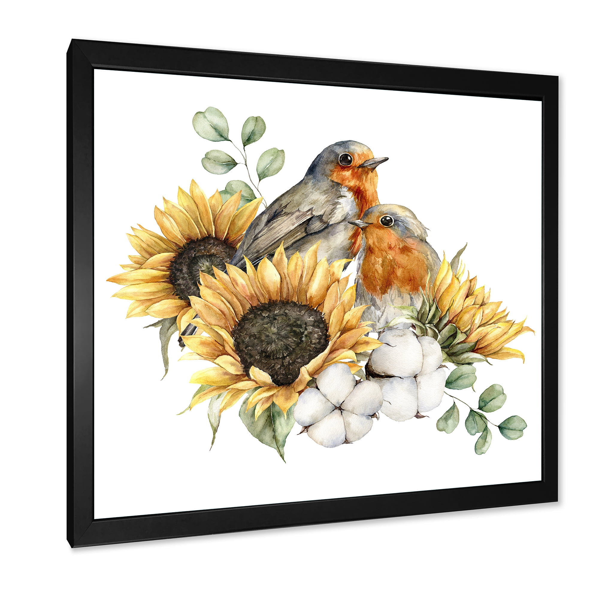 Designart 'Autumn Bouquet With Robin Redbreasts Sunflowers Cotton' Traditional Framed Art Print