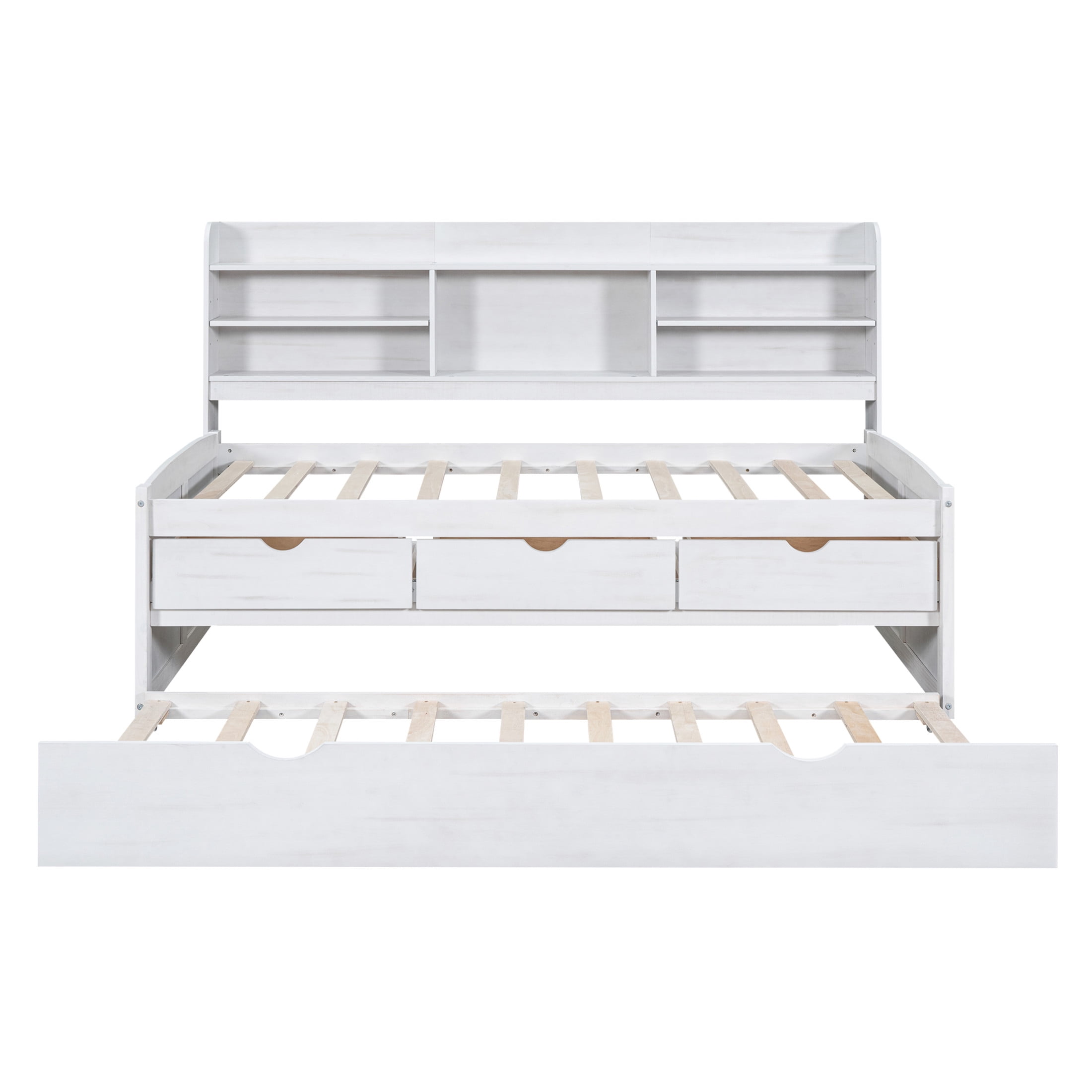 Noble House Savoy Twin Size Wooden Captain Bed with Bookcase Headboard and Trundle, Storage Drawers, White Washed