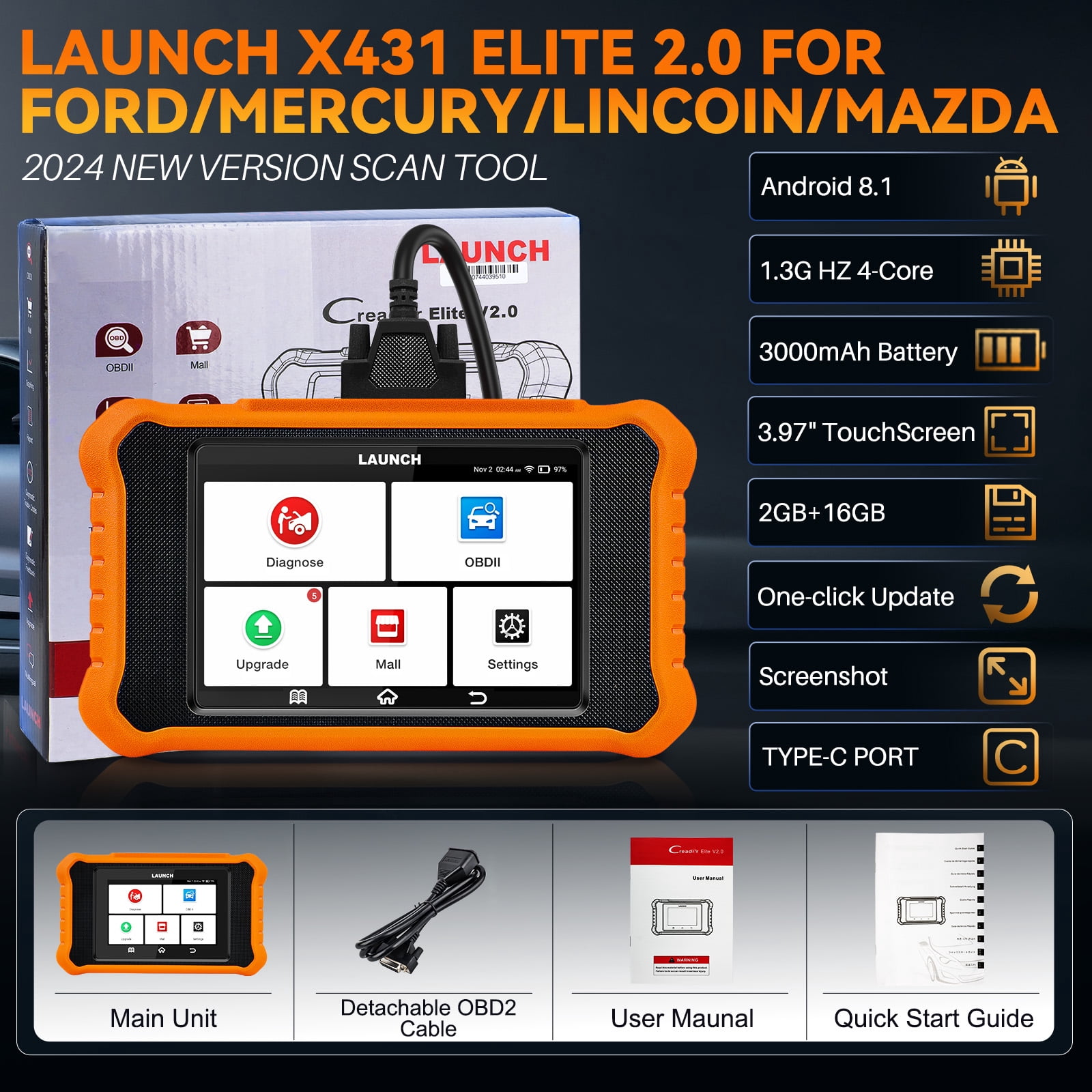 LAUNCH Creade Elite 2.0 OBD2  X431 Car Scan Tool Fit for Ford Lincoln Mercury Mazda,2024 New Upgrade Bi-Directional Control Diagnostic Scanner,Full System,All Resets,AUTO VIN