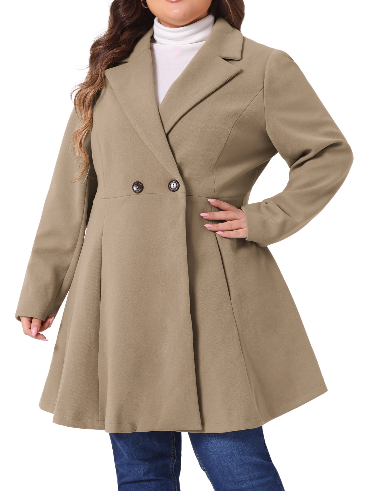 DARING DIVA Women's Plus Size A Line Notched Lapel Double Breasted Coat 4X Khaki