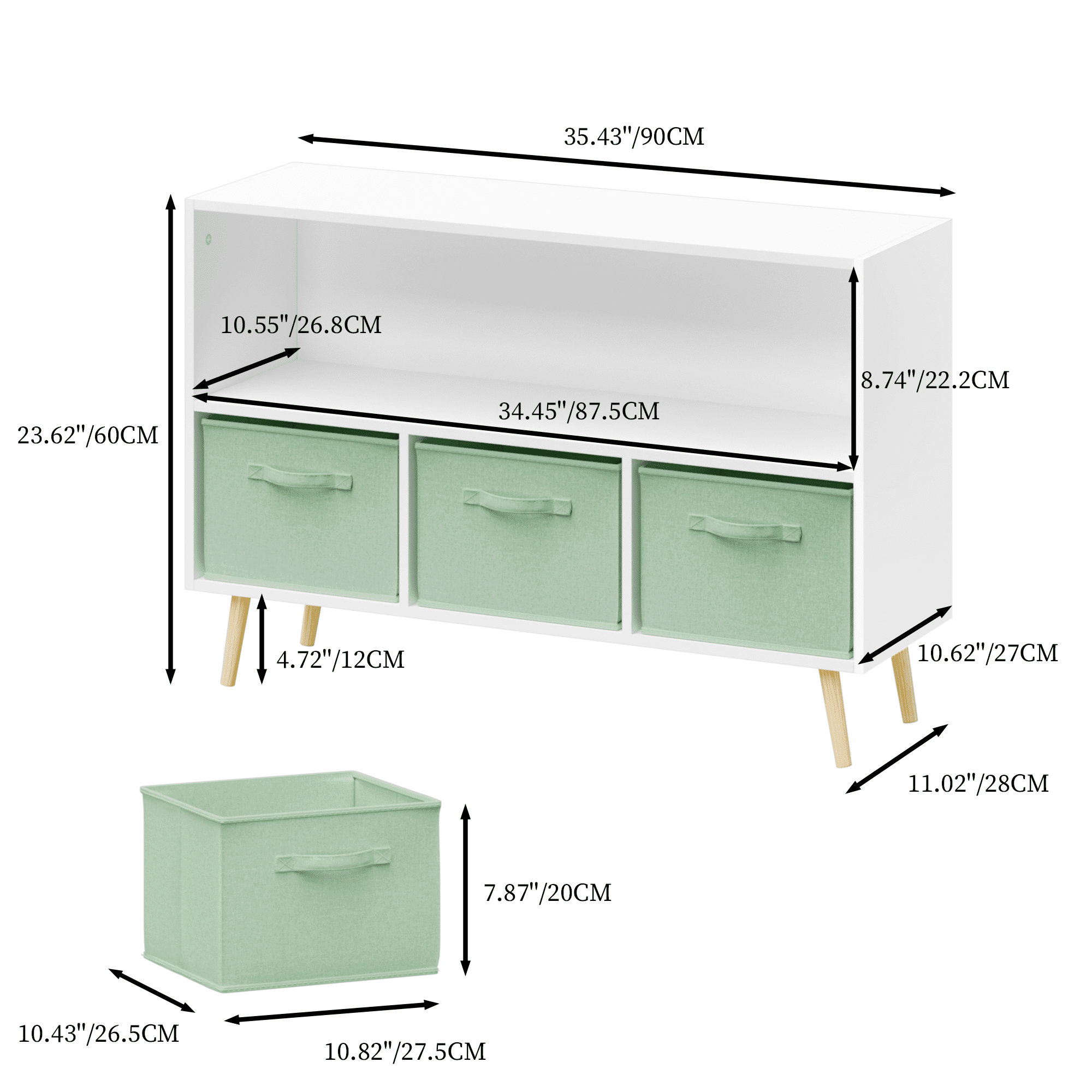 Leumius 4 Cube Kids Bookcase & Toy Storage Organizer with 3 Fabric Drawers for Playroom Storage,Green