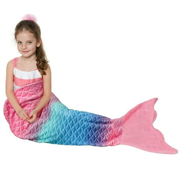 Catalonia Kids Mermaid Tail Blanket,Super Soft Plush Flannel Sleeping Snuggle Blanket for Girls,Rainbow Ombre,Fish Scale Pattern,Gift Idea