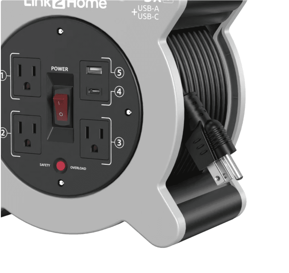 Link2Home 30ft Retractable Cord Reel with 3 Power Outlets and 2 USB A/C Ports, 16 AWG SJT Cable, On/Off Switch, 2.4A Fast Charging – Compact Extension Power Station