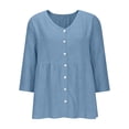 thumbnail image 4 of Womens Babydoll Blouse Cotton Linen V Neck 3/4 Sleeve Button Down Relaxed Fit Gathered Waist Breathable Business Casual Top Blue,Size 2XL, 4 of 6