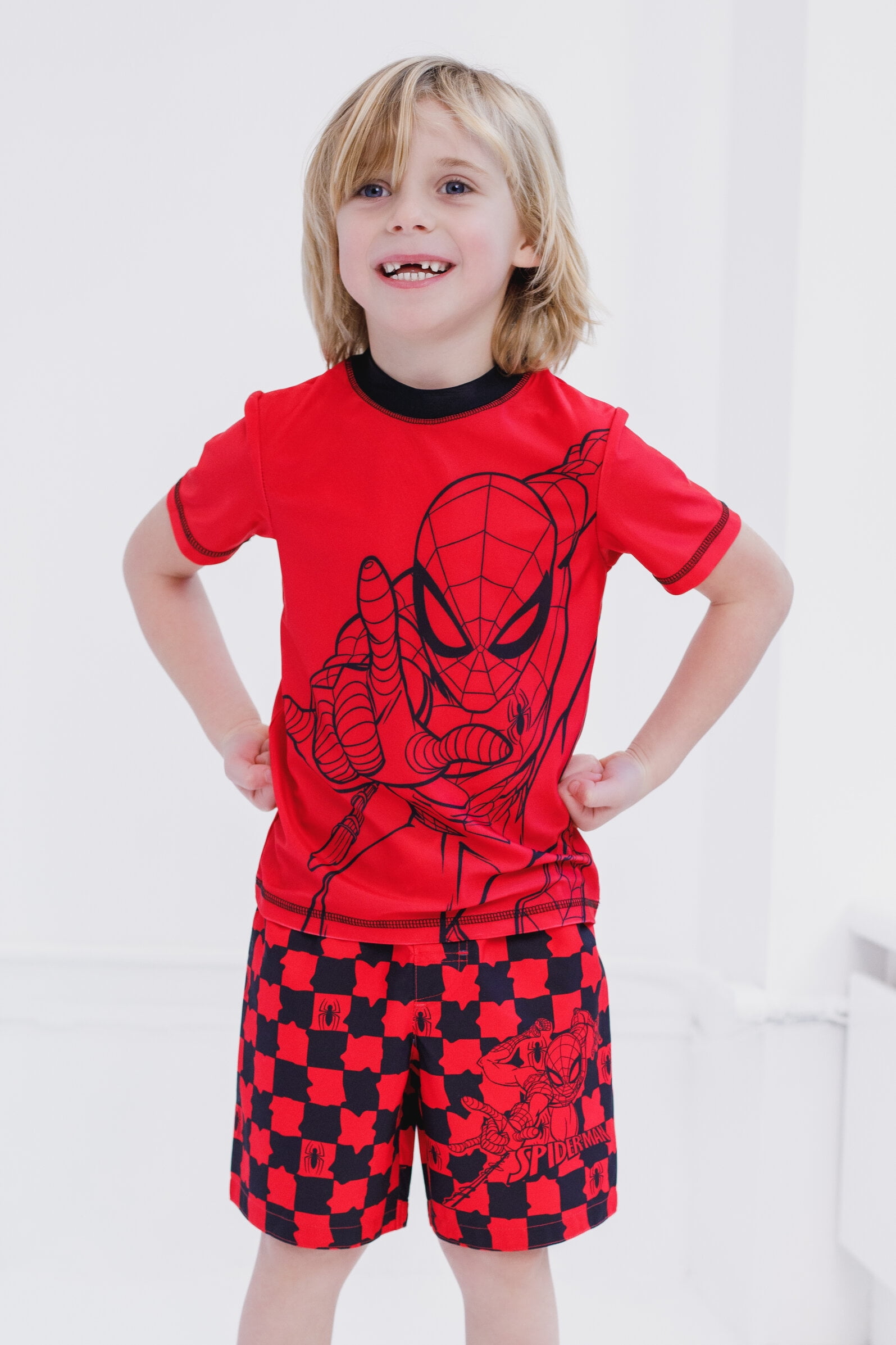 Marvel Spider-Man Little Boys' Swimwear 2-Piece Rashguard and Swim Trunks Set Spider Man Checker