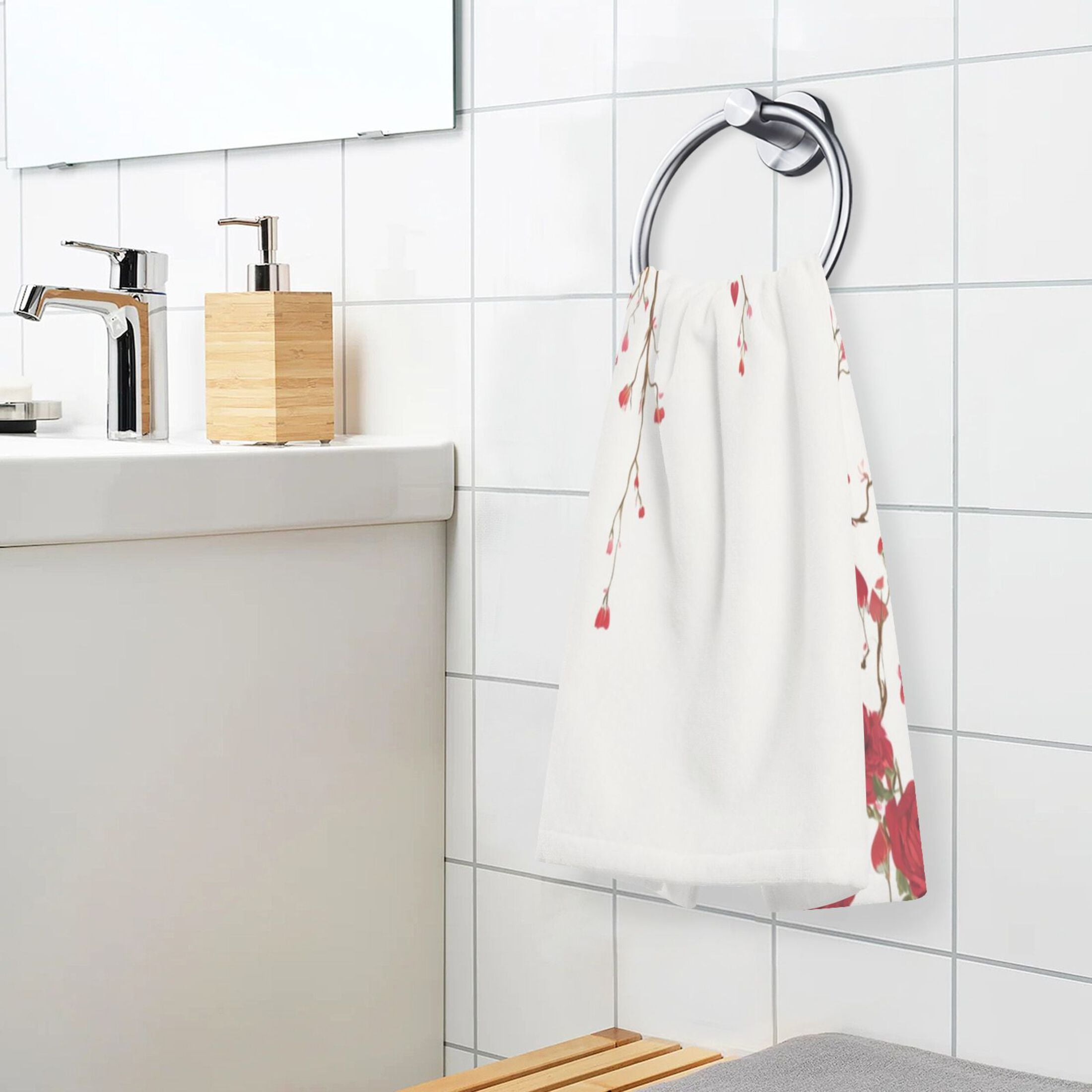 2 Pieces of Cotton Towel Face Towel Set Hand Towel Bath Towel Cotton Bath Towel Sets Red Rose Pattern