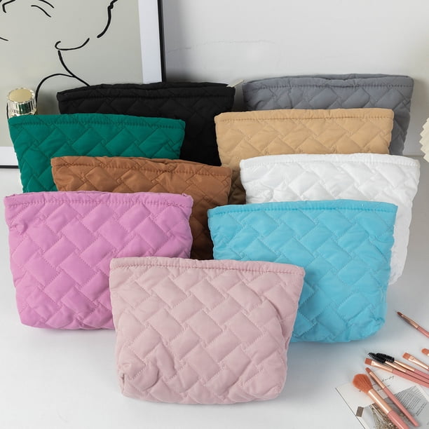 Neceser portátil de punto estilo Ins, diseño de rayas con bloques de color, estampado intrincado, estuche compacto para lápices, ideal para viajes, uso diario, elegante accesorio de organización.