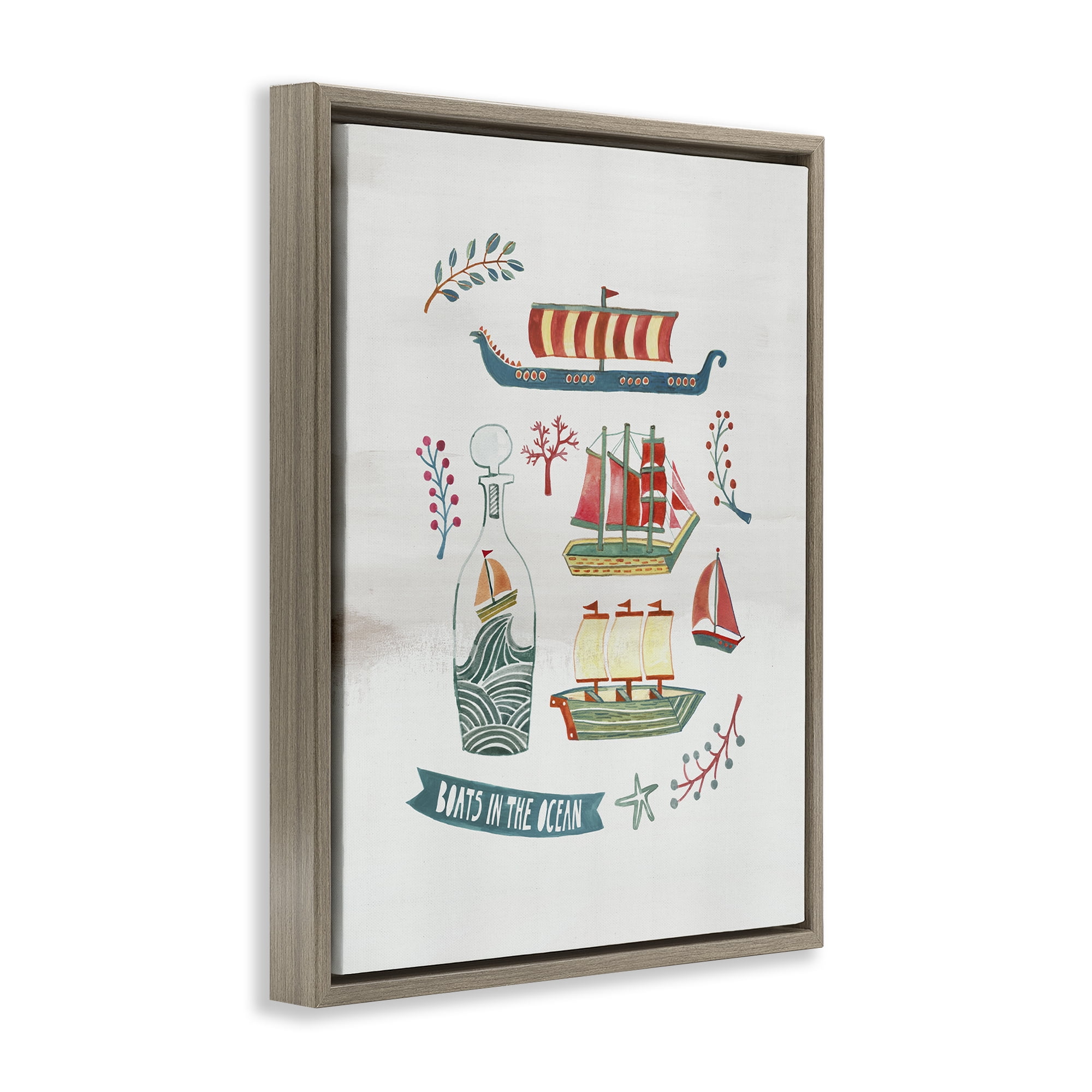 Stupell Industries Nautical Boats & Botanicals Nautical & Beach Painting Brown Floater Framed Canvas Art Print Wall Art, 17 x 21