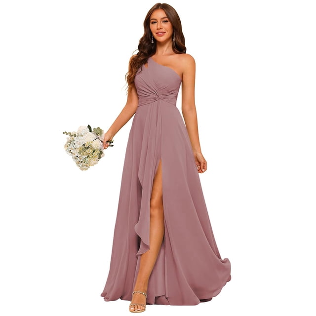 Vestido de dama de honor ROSETOO de chifón con un solo hombro, color malva empolvado