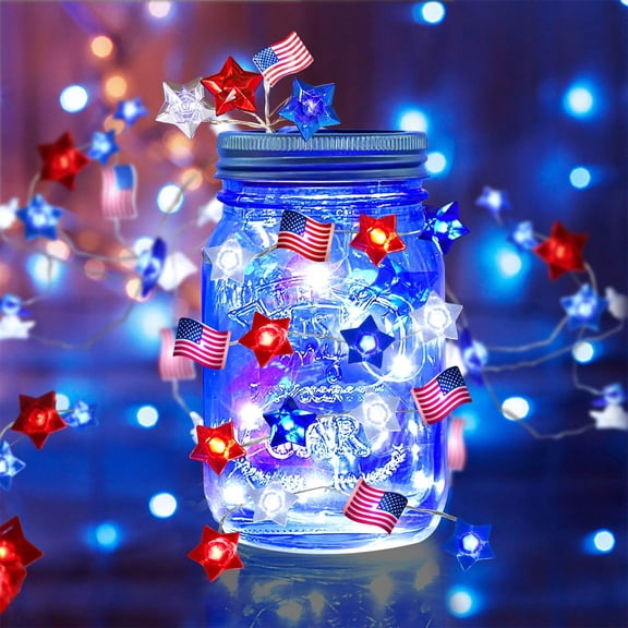 GFHFHITJ 4Th Of July Decor Strings Lights,Led Red White And Blue Lights Battery Operated, Patriotic Light with Remote & Timer, Star Strings Light for Independence Day President Day Memorial Day