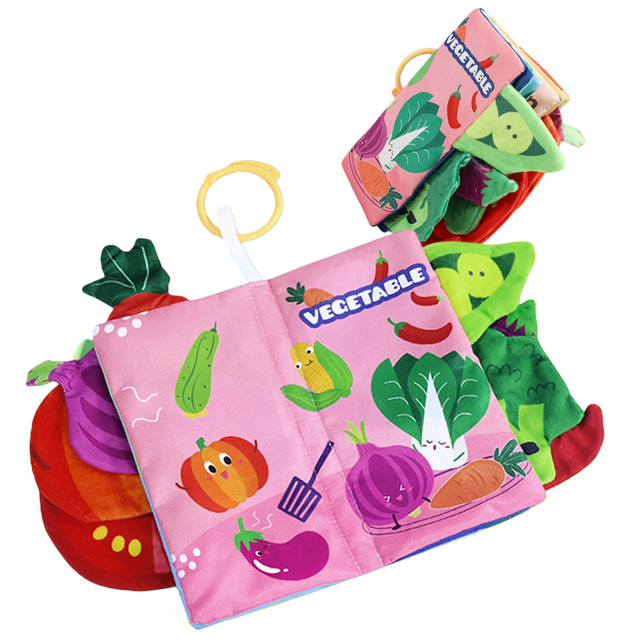 EazyTech Soft Baby Cloth Book with Interactive Tails, Crinkle Sound Early Education Toy for Sensory Development, Chewable Tearproof Fabric Books for Infants Toddlers(Vegetable)
